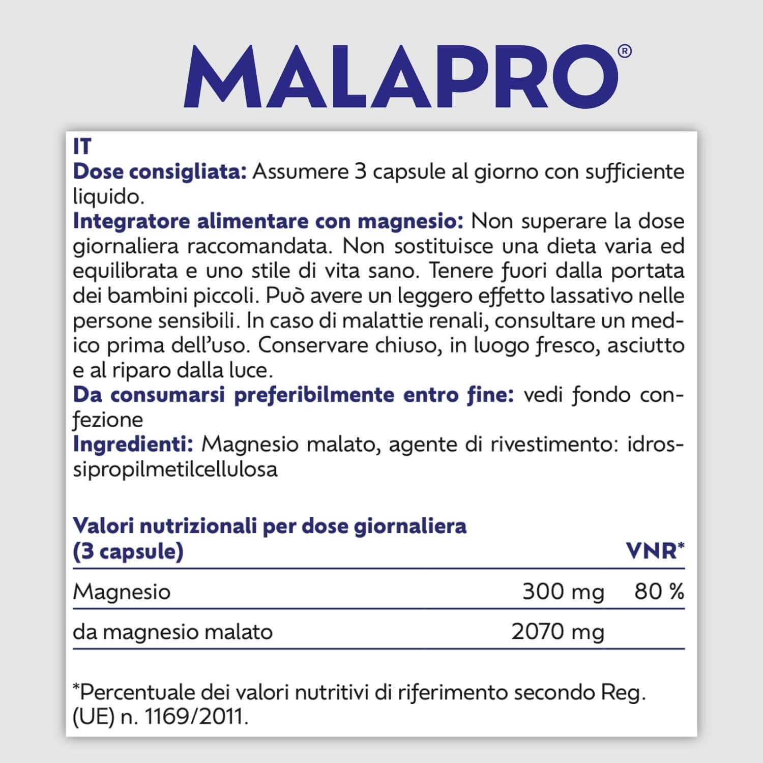 Testo: MALAPRO, Malato di magnesio. Ingredienti, valori nutrizionali. Simboli: capsula, foglia, X.