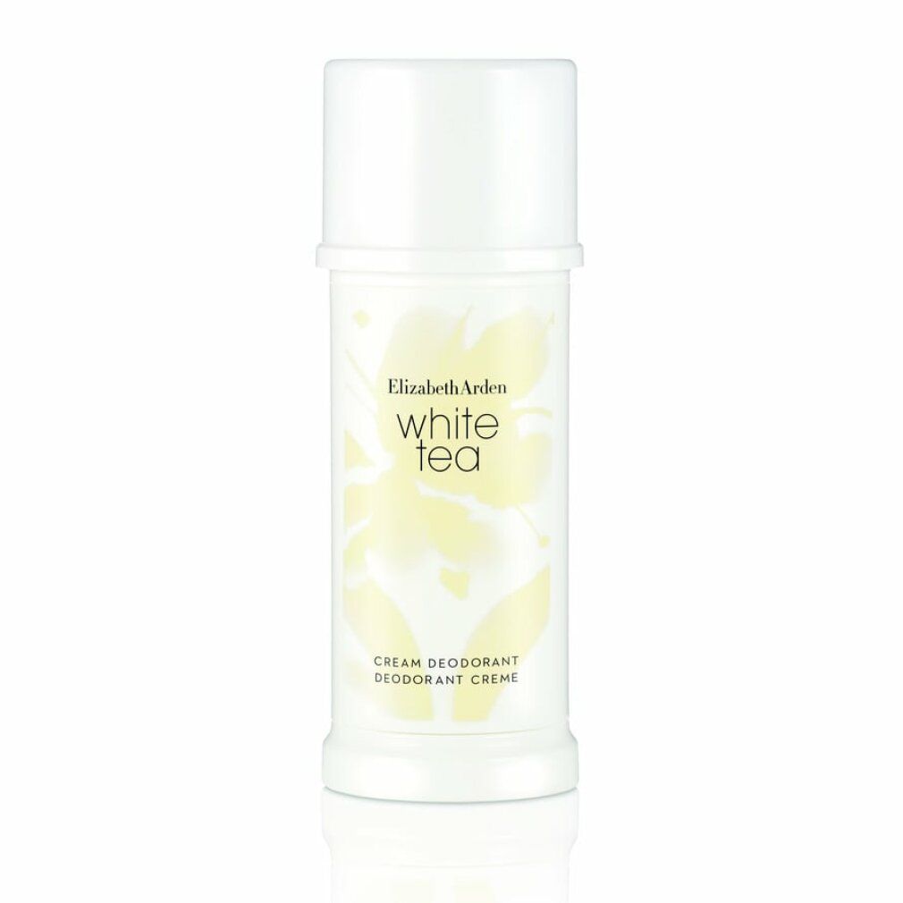 Stick crema deodorante bianco Elizabeth Arden. Coperchio e contenitore bianchi, motivo floreale e testo.