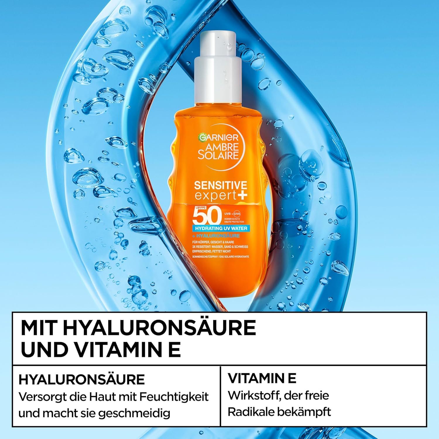 Garnier Ambre Solaire Sensitive Expert+ Spray solare SPF 50. Flacone su sfondo blu. Testo: Con acido ialuronico e vitamina E.