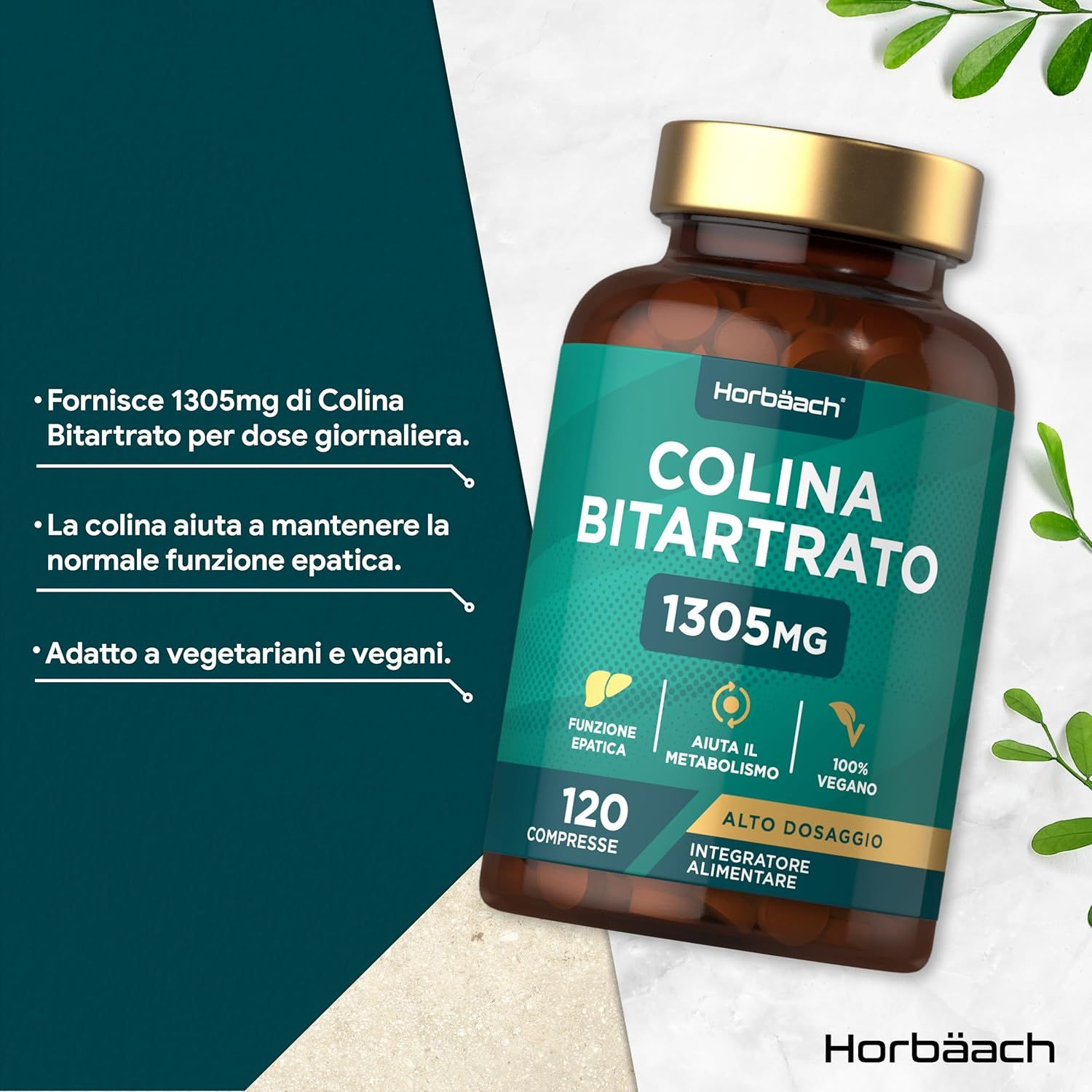 Flacone marrone con testo verde. Colina Bitartrato compresse. 120 compresse, 1305mg. Vegano. Italiano.