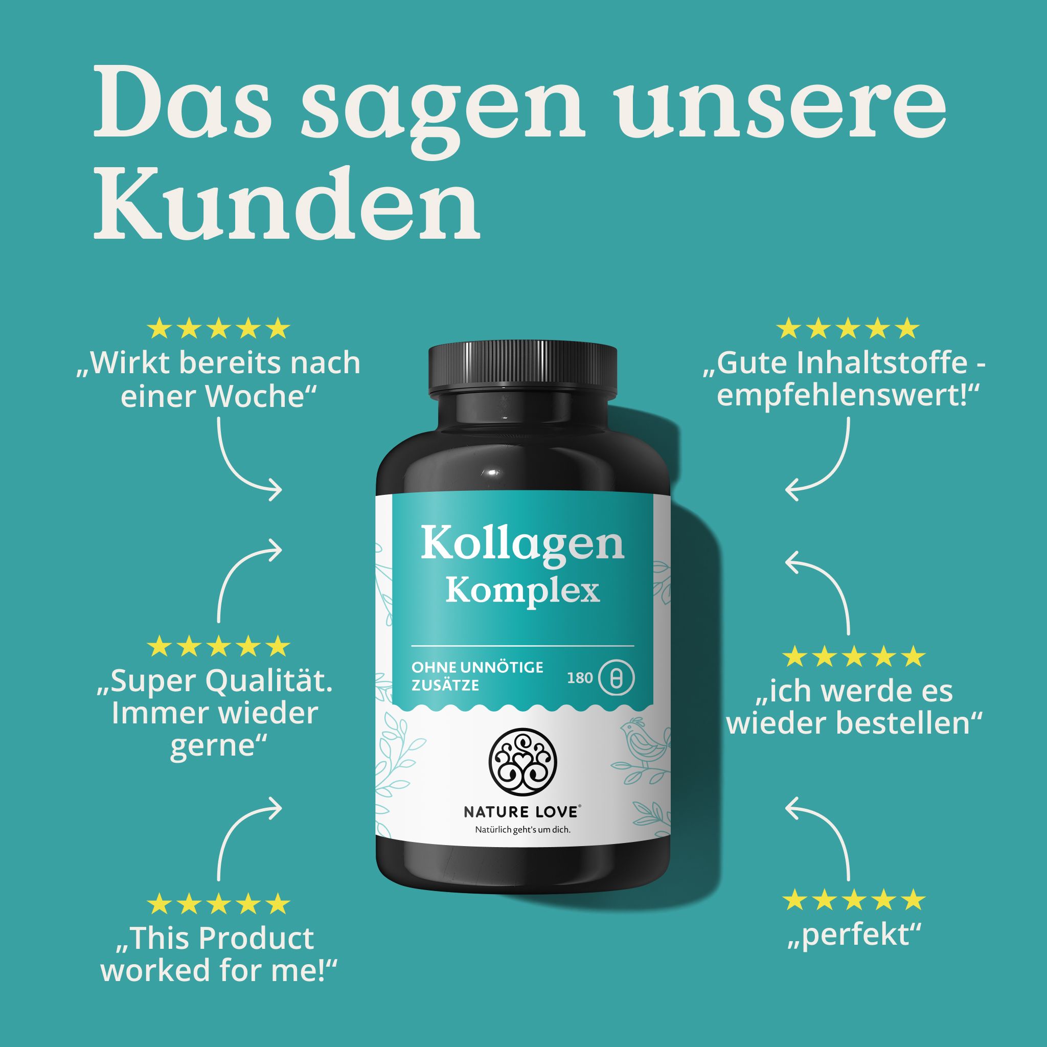 Flacone NATURE LOVE Kollagen Komplex con recensioni clienti. "Super qualità", "perfetto", "consigliato".
