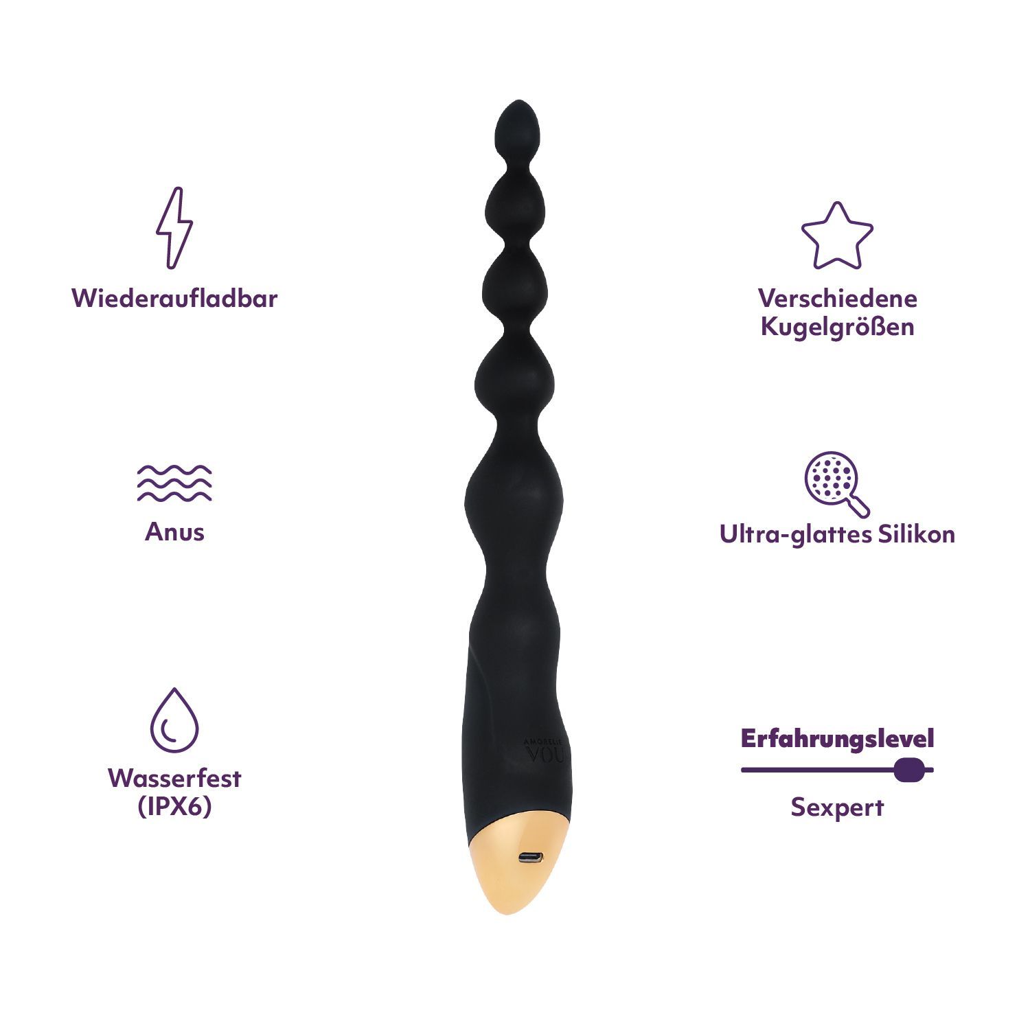 Catena anale nera con diverse dimensioni delle sfere. Testo: Ricaricabile, Ano, Impermeabile (IPX6), Silicone ultra-liscio, Livello di esperienza: Sexpert.
