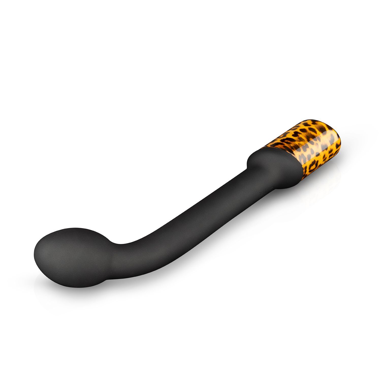 Vibratore nero curvo con base a fantasia leopardata, appoggiato su sfondo bianco.