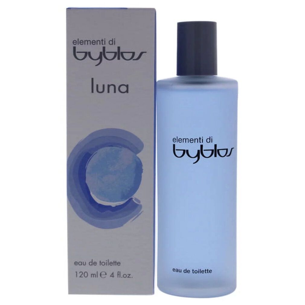 Flacone e confezione azzurro chiaro. Scritta: elementi di byblos Luna, eau de toilette, 120 ml.