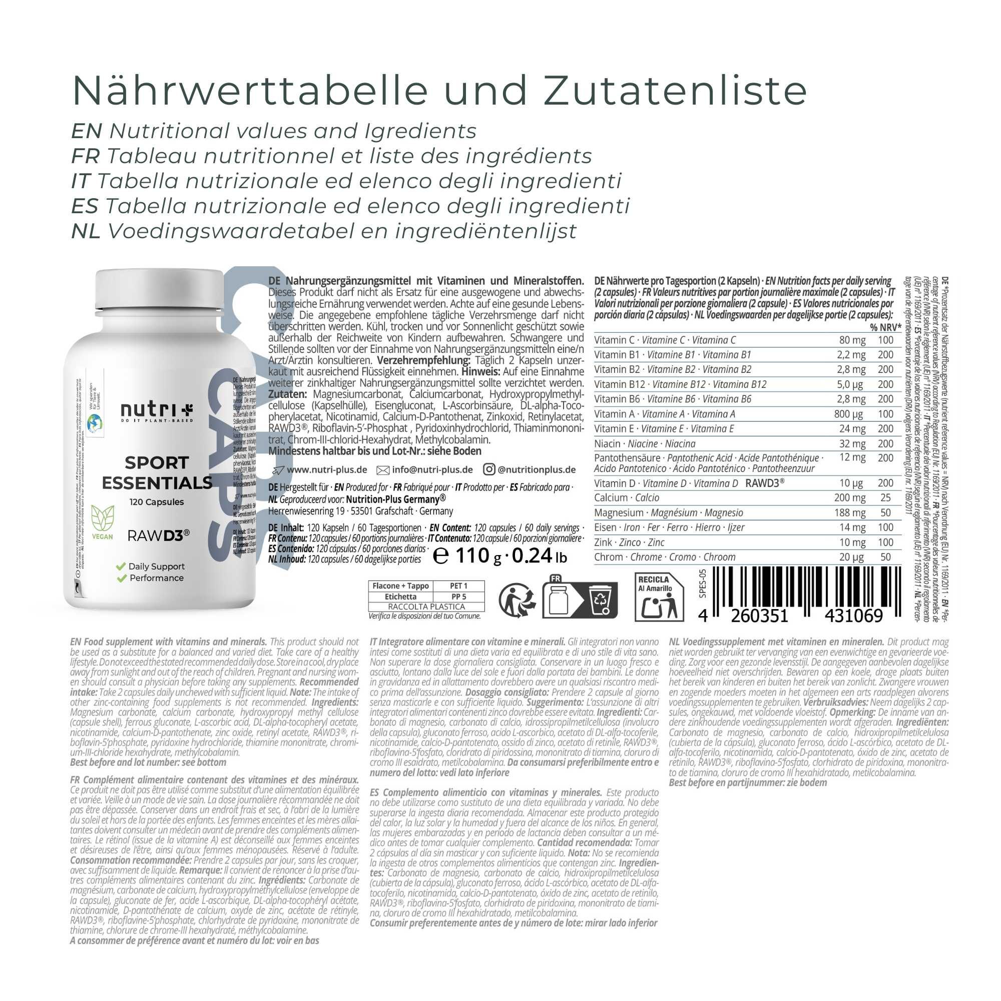 Retro di un flacone di nutri+ Sport Essentials capsule con tabella nutrizionale e lista ingredienti.