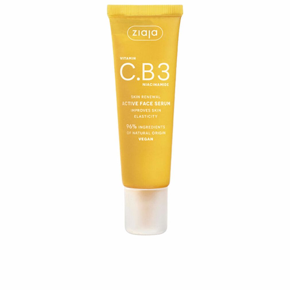 Tubo giallo con tappo bianco. Scritta: Ziaja, Vitamina C.B3, Niacinamide, Active Face Serum. Vegano. 96% ingredienti di origine naturale.