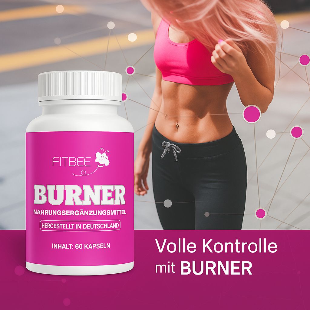 Flacone con etichetta rosa. Testo: FITBEE BURNER, integratore alimentare, prodotto in Germania. 60 capsule. Donna sullo sfondo.