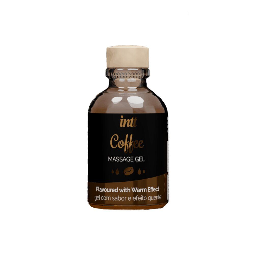 Bottiglia di vetro marrone con etichetta nera. Scritta: intt Coffee Massage Gel. Con effetto caldo.