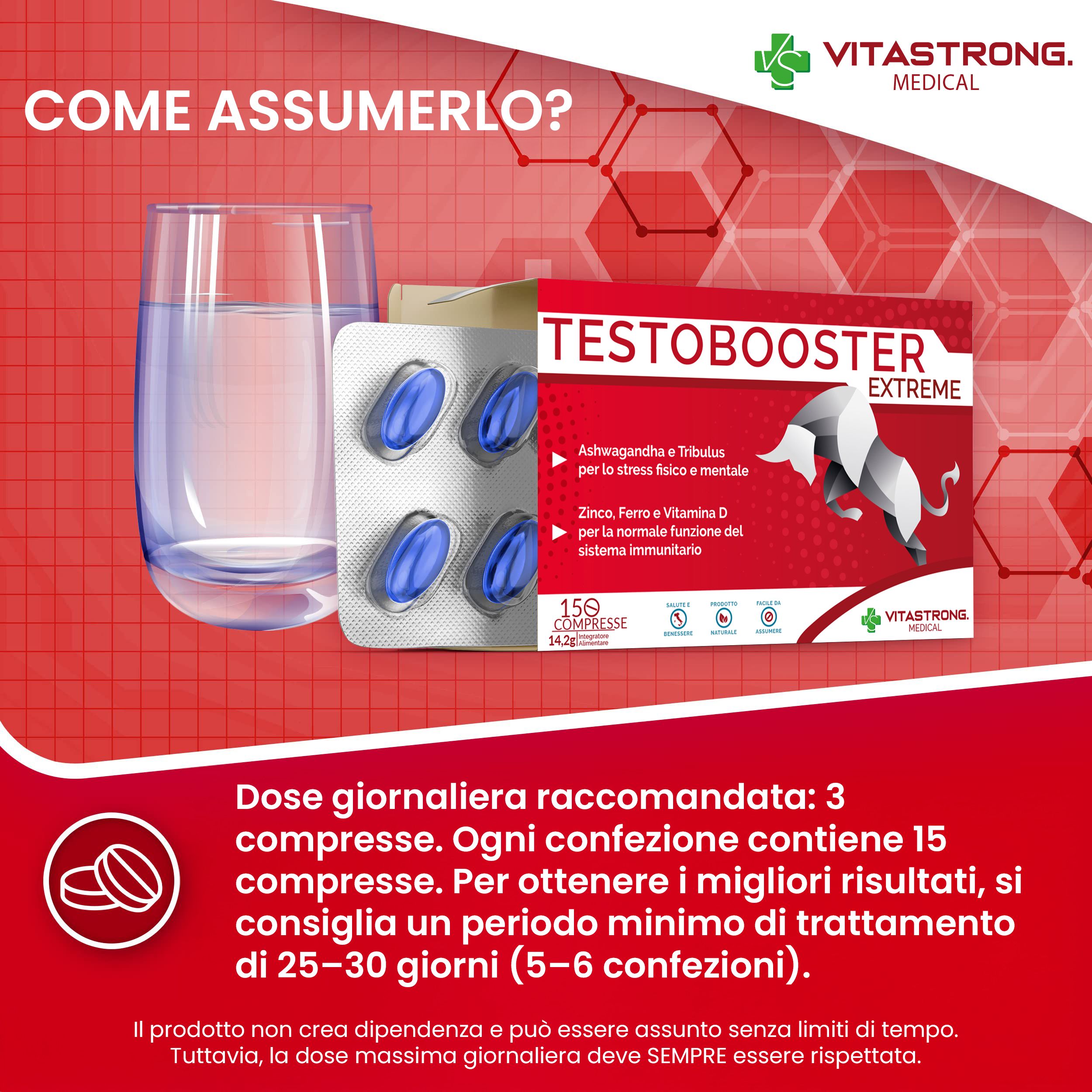 Confezione Testobooster Extreme, compresse, bicchiere d'acqua. 3 compresse al giorno. 15 compresse.