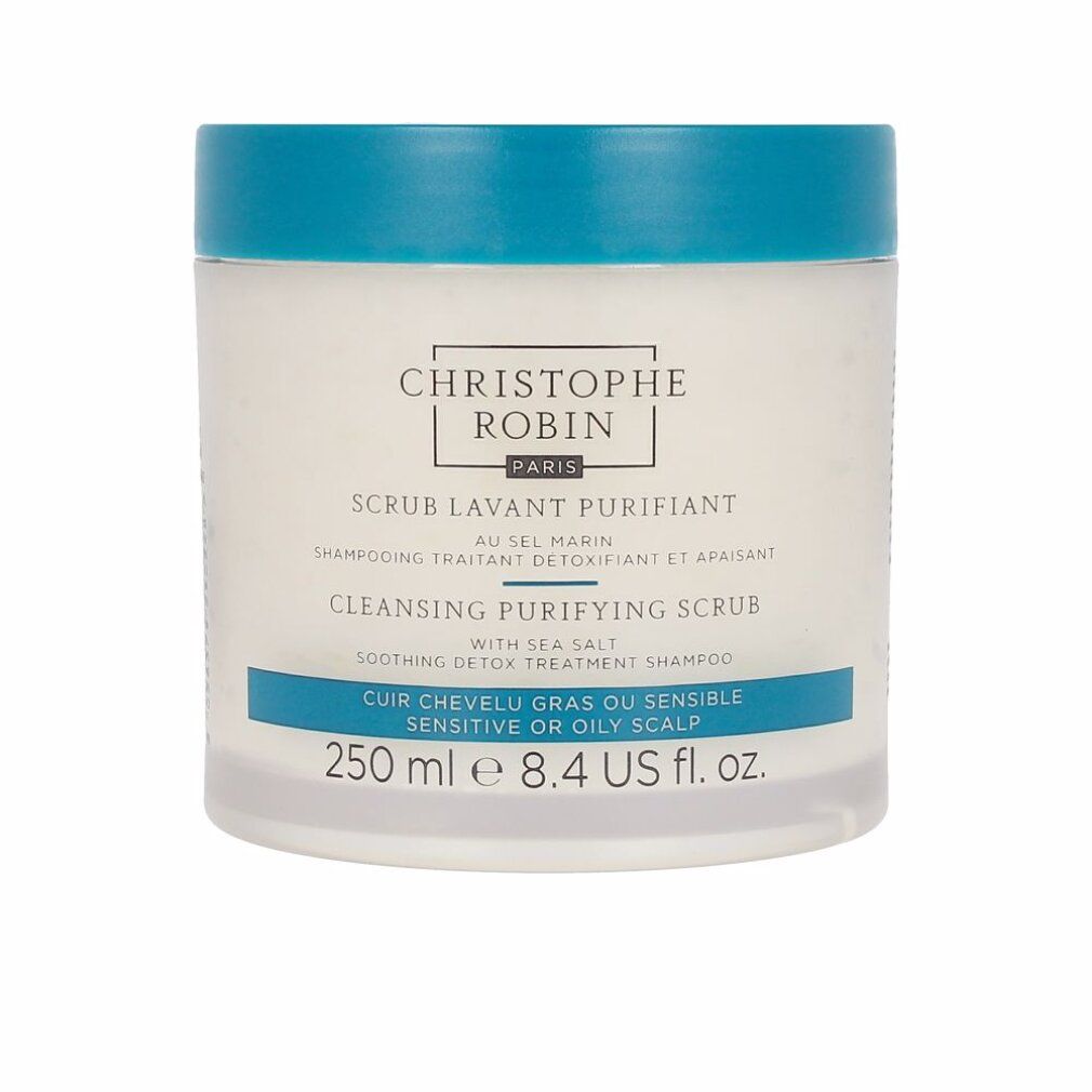 Contenitore con coperchio blu. Scritta: Christophe Robin, Scrub Lavant Purifiant, Cleansing Purifying Scrub, per cute grassa o sensibile. 250 ml.