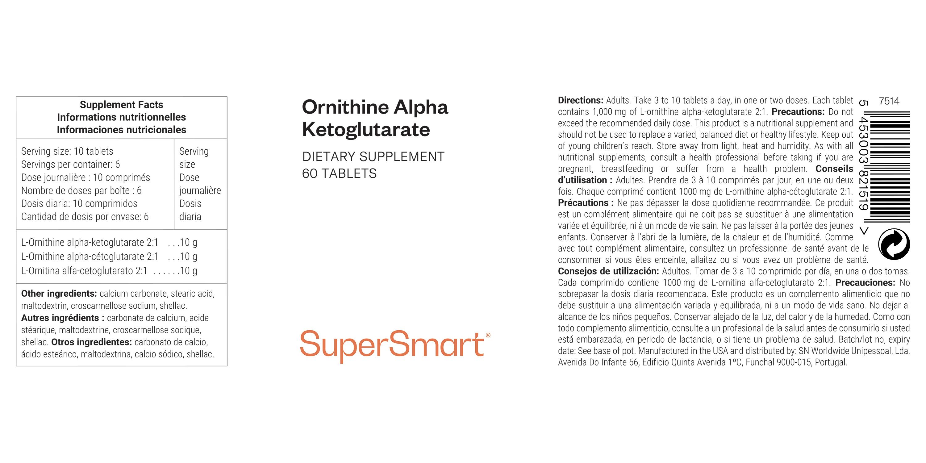 Integratore alimentare. Ornithine Alpha Ketoglutarate, 60 compresse. Logo SuperSmart. Informazioni nutrizionali e ingredienti.