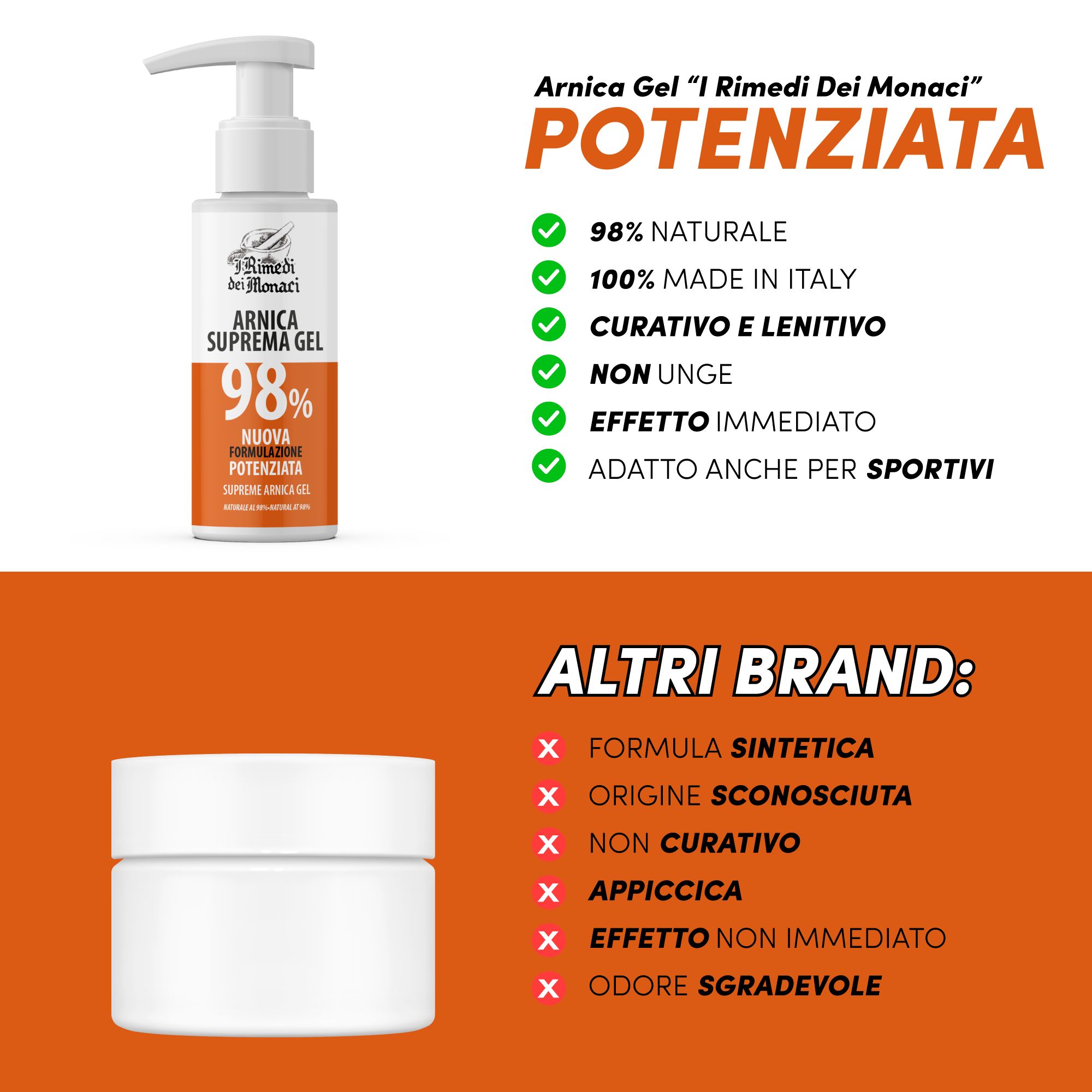 Gel Arnica, 98% naturale, prodotto in Italia. Benefici: curativo, non unge, effetto immediato, adatto agli sportivi. Contro: formula sintetica.