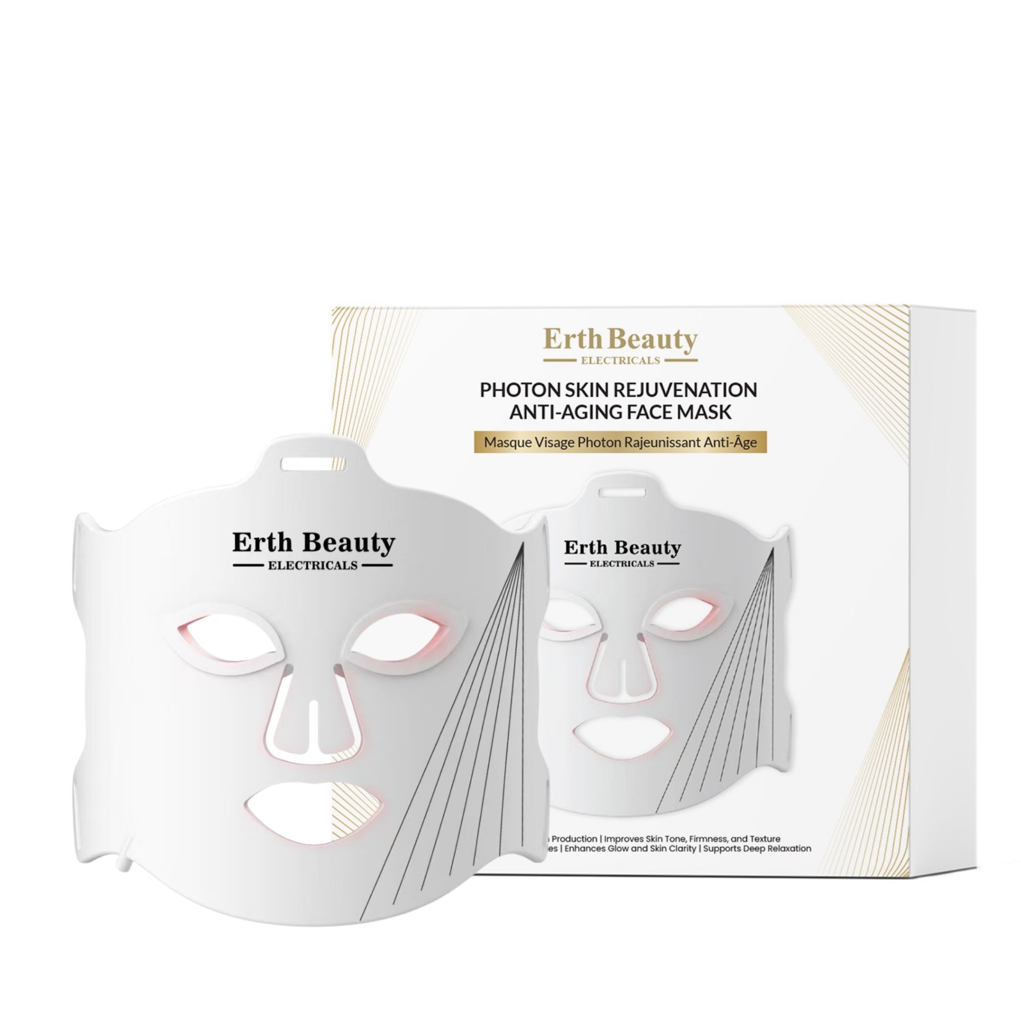 Maschera facciale e confezione. Erth Beauty, Photon Skin Rejuvenation Anti-Aging Face Mask. Testo in inglese e francese.