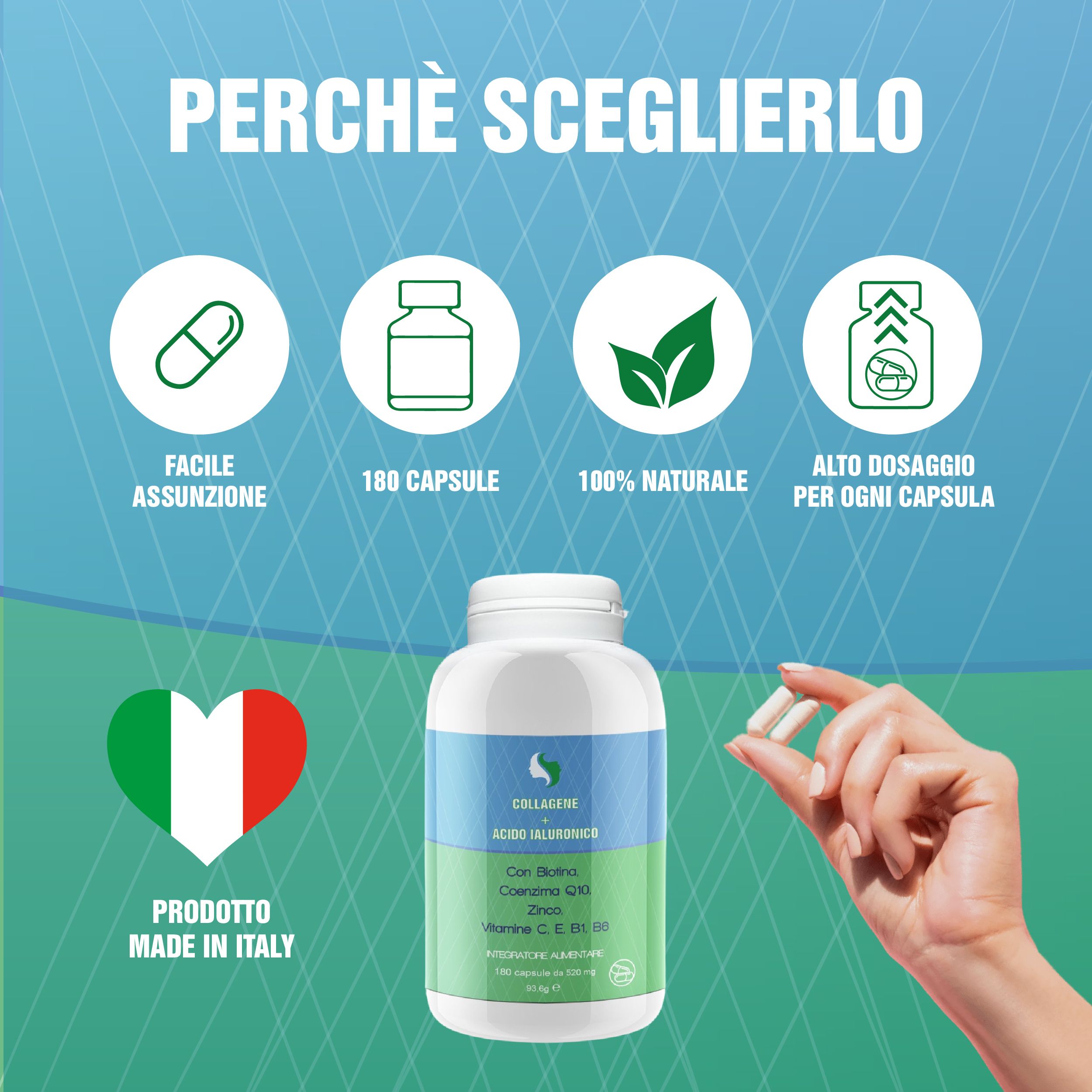 Trico Hair Italy Collagene e Acido Ialuronico per viso e capelli con Biotina e Coenzima Q10