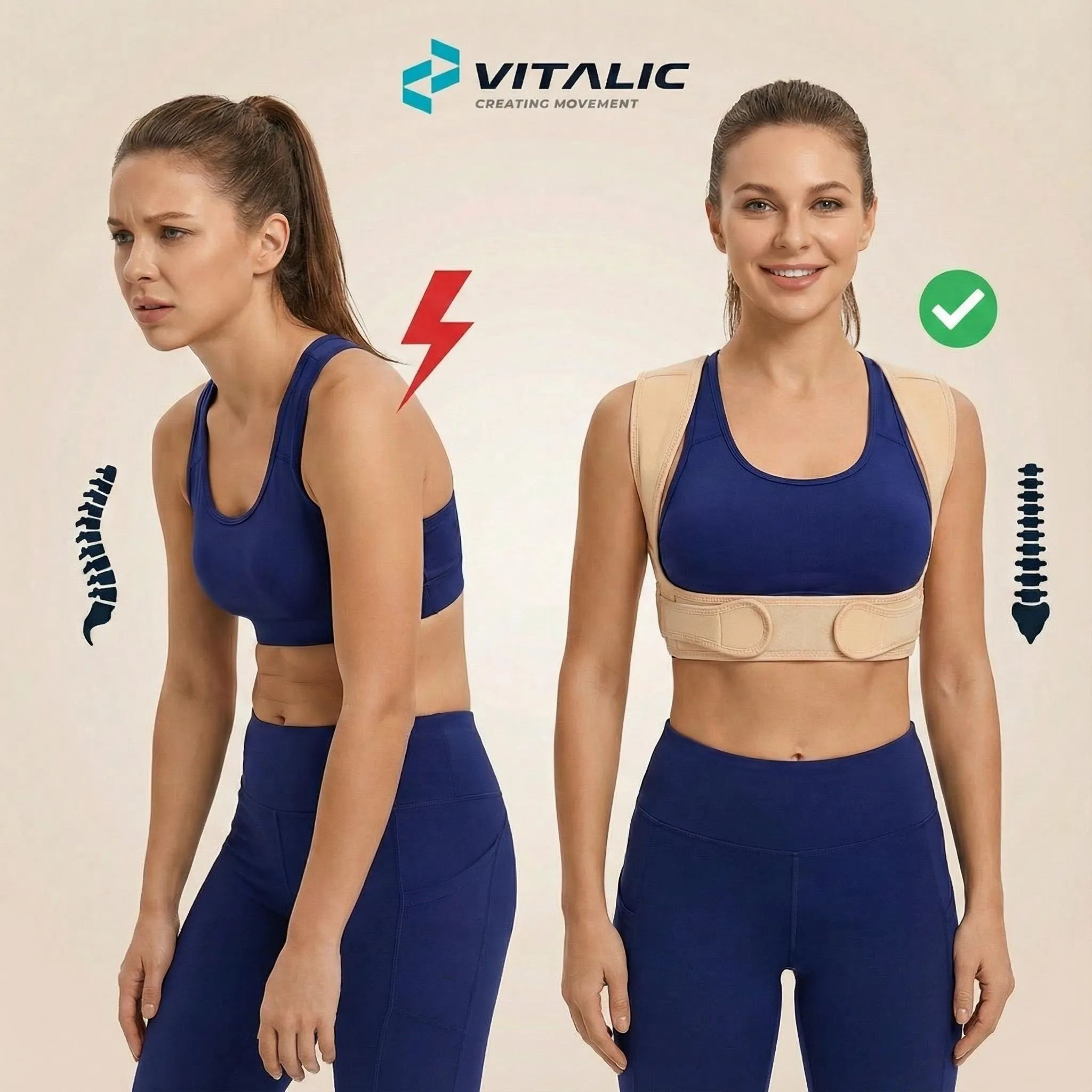 Donna con postura scorretta e corretta. Correttore posturale. Beige. Logo VITALIC. Simboli fulmine rosso e spunta verde.