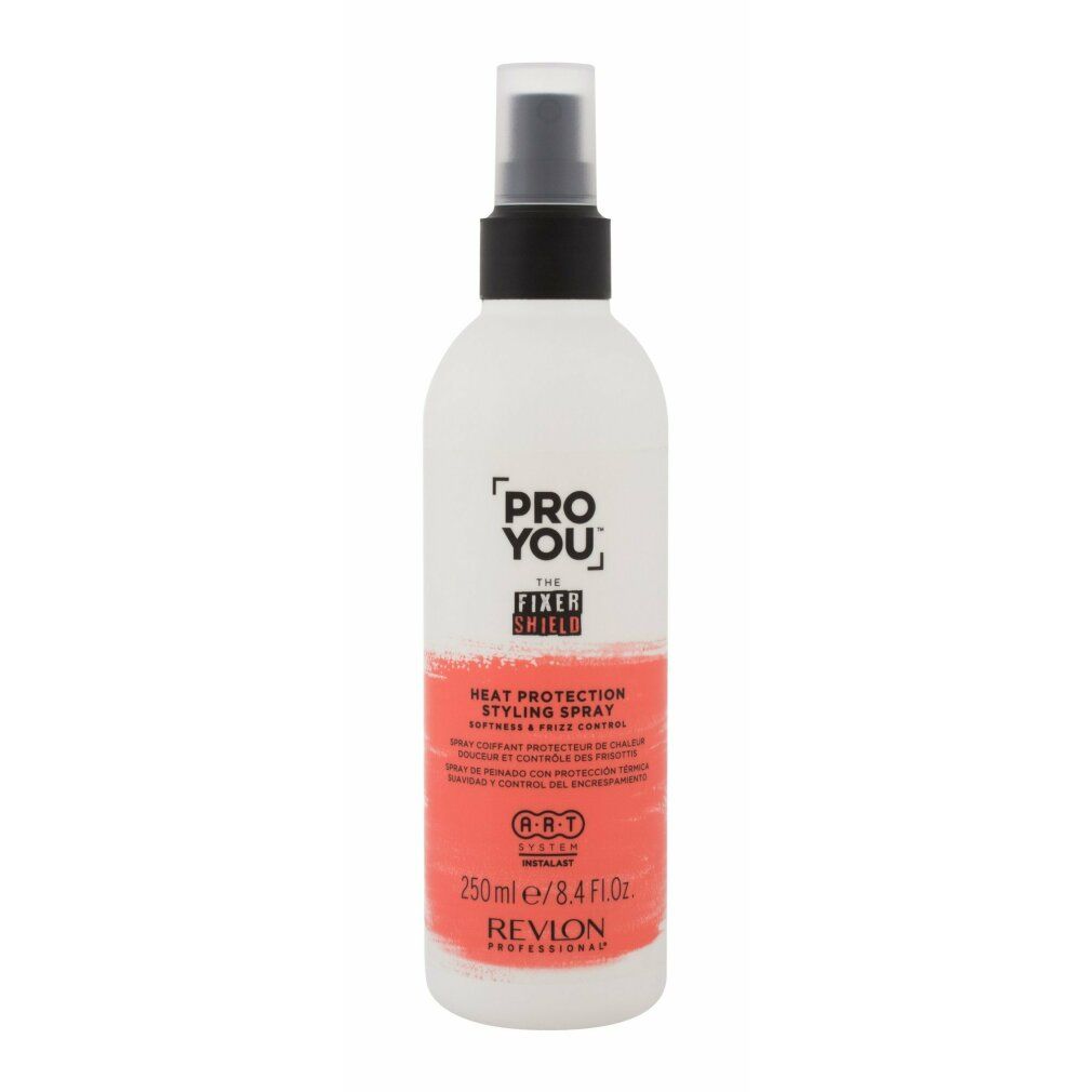 Spray bianco con erogatore nero. Striscia rossa con testo: Heat Protection Styling Spray. Marchio: Revlon Proyou.