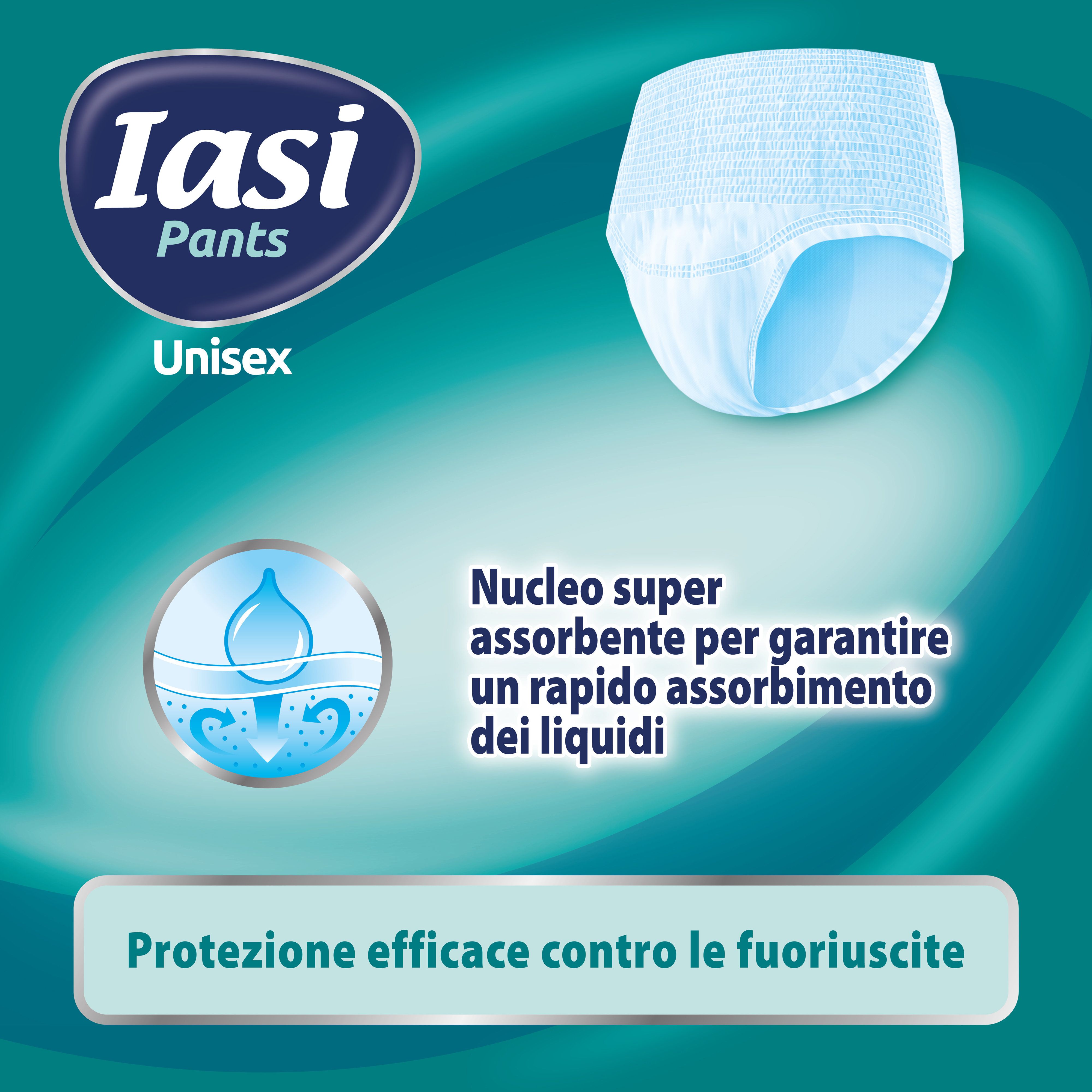 IASI Pants Unisex. Nucleo assorbente. Protezione contro le fuoriuscite. Illustrazione del prodotto.