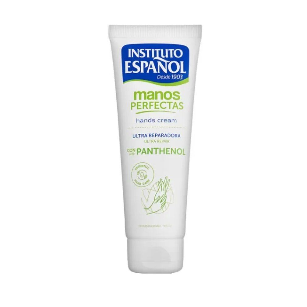 Tubo bianco con etichetta blu e verde. Scritta: Instituto Español, Manos Perfectas, Ultra Reparadora, con Panthenol.