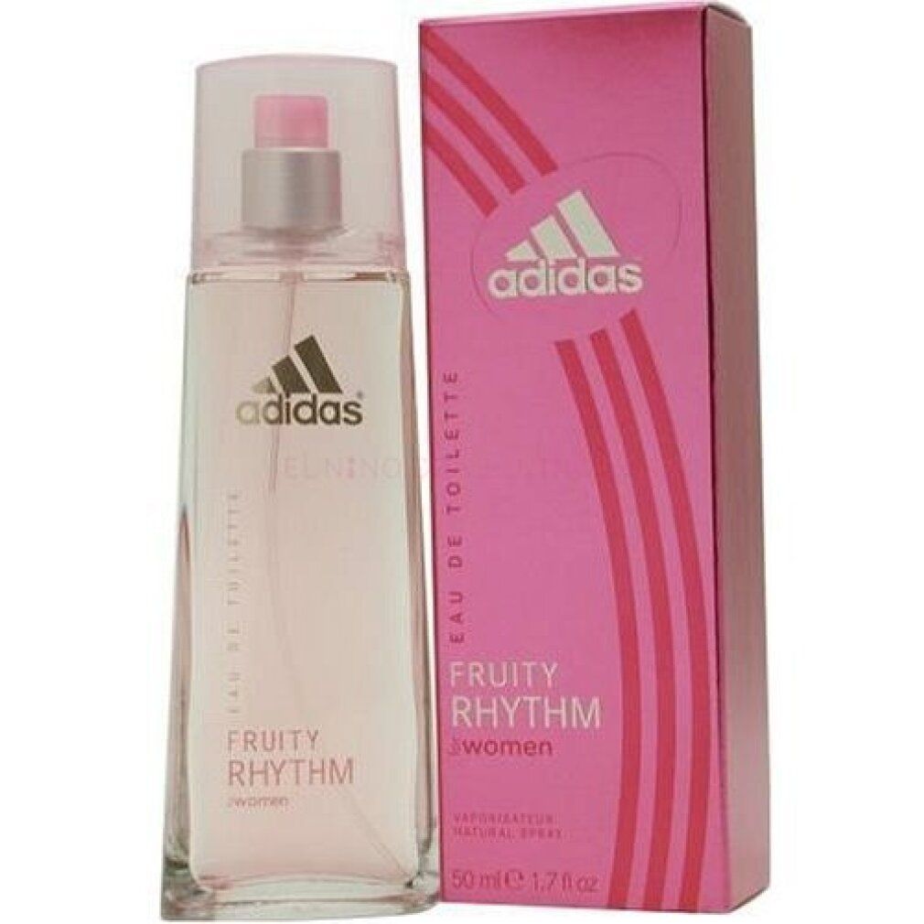Flacone di profumo e confezione. Scritta: Adidas, Fruity Rhythm, eau de toilette, 50ml.