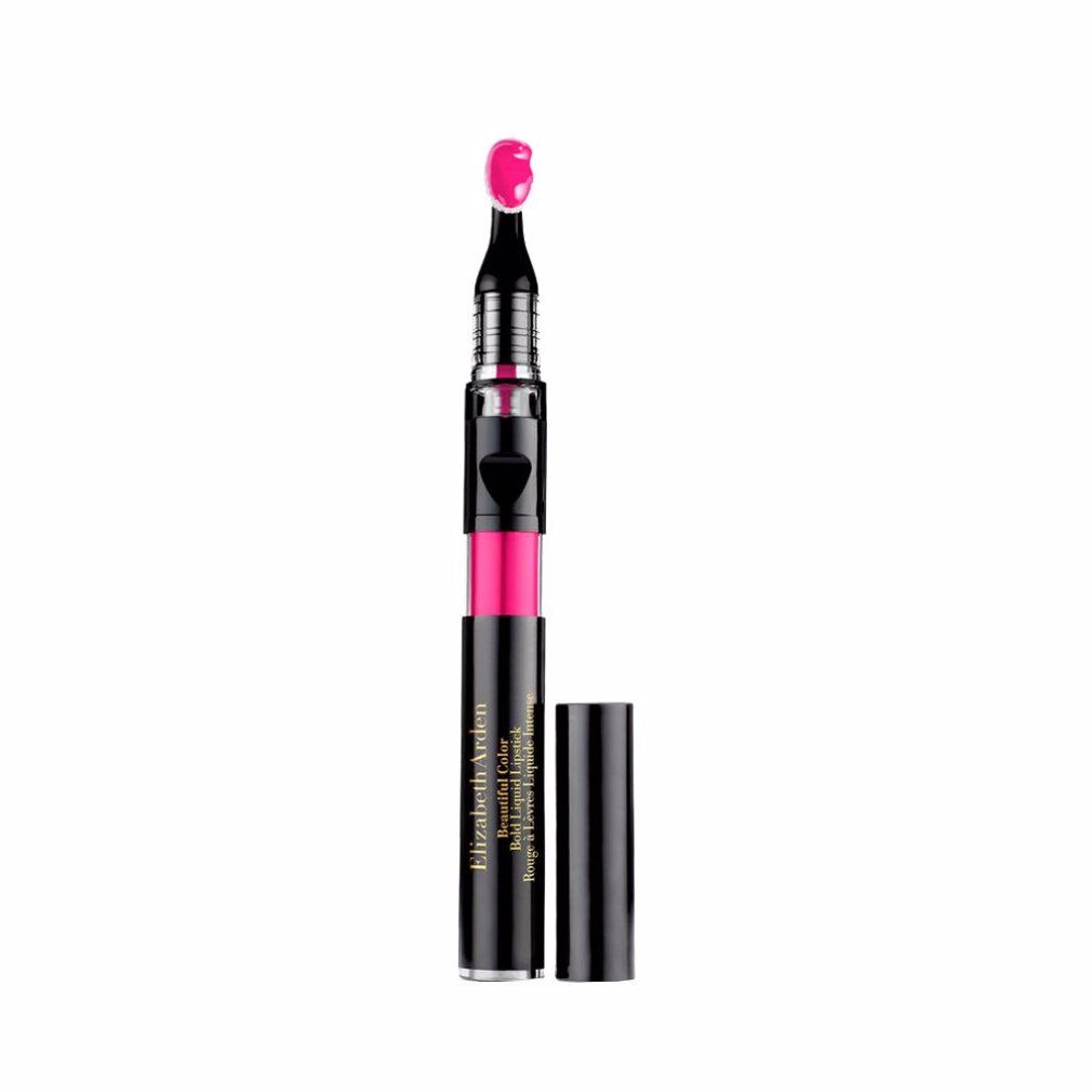 Rossetto liquido con applicatore. Astuccio nero. Colore rosa. Nome del prodotto visibile. Tappo aperto.