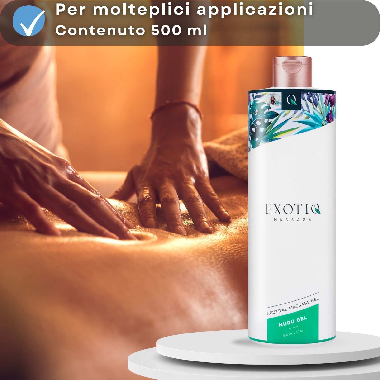 Gel versato. Flacone bianco. Scritta: EXOTIQ MASSAGE. Tappo rosa. Motivo floreale.