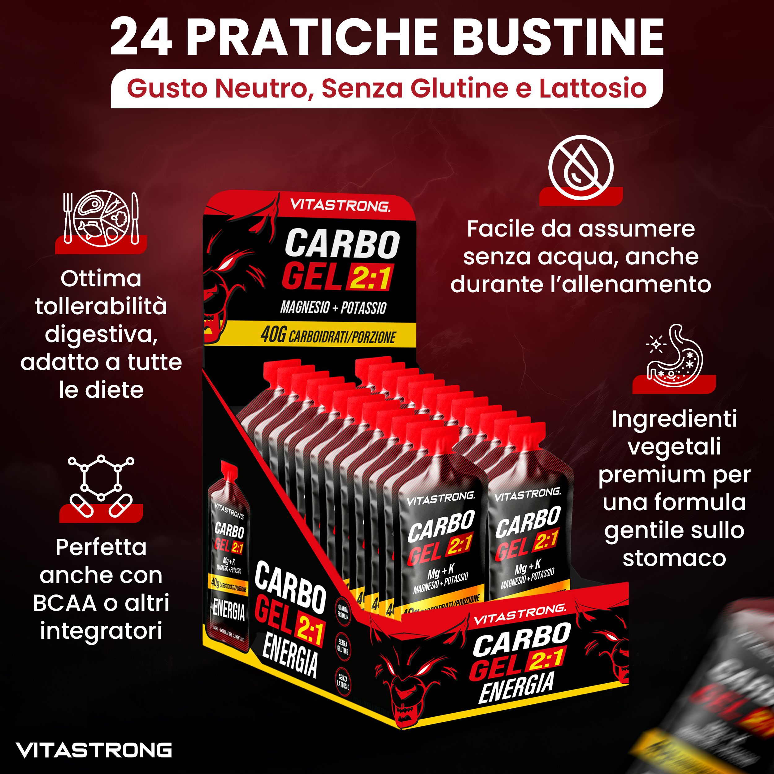 Vitastrong CARBO GEL 2:1. Confezione di porzioni singole. Testo: 24 bustine pratiche. Gusto neutro, senza glutine e lattosio.