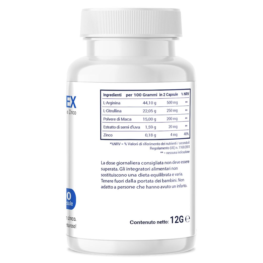 Retro di un flacone bianco di capsule. Contiene informazioni nutrizionali per 2 capsule. Testo in italiano.