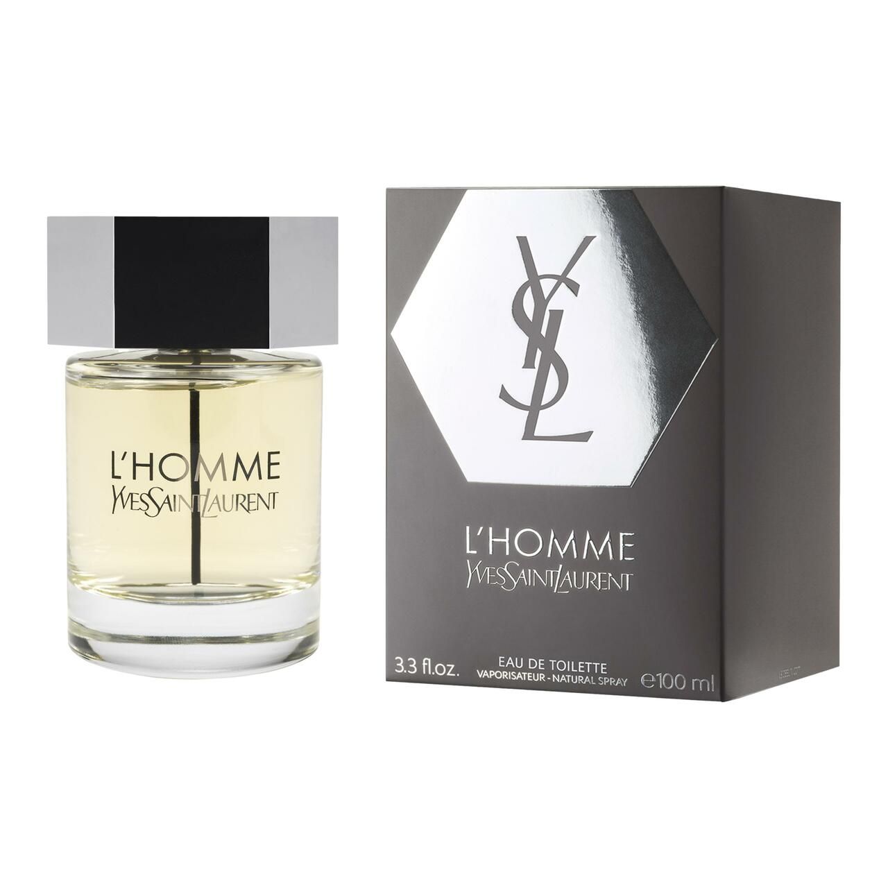 Flacone di profumo e confezione. Scritta L'HOMME YVES SAINT LAURENT. Logo argentato. Confezione nera. 3.3 fl.oz. Eau de Toilette.