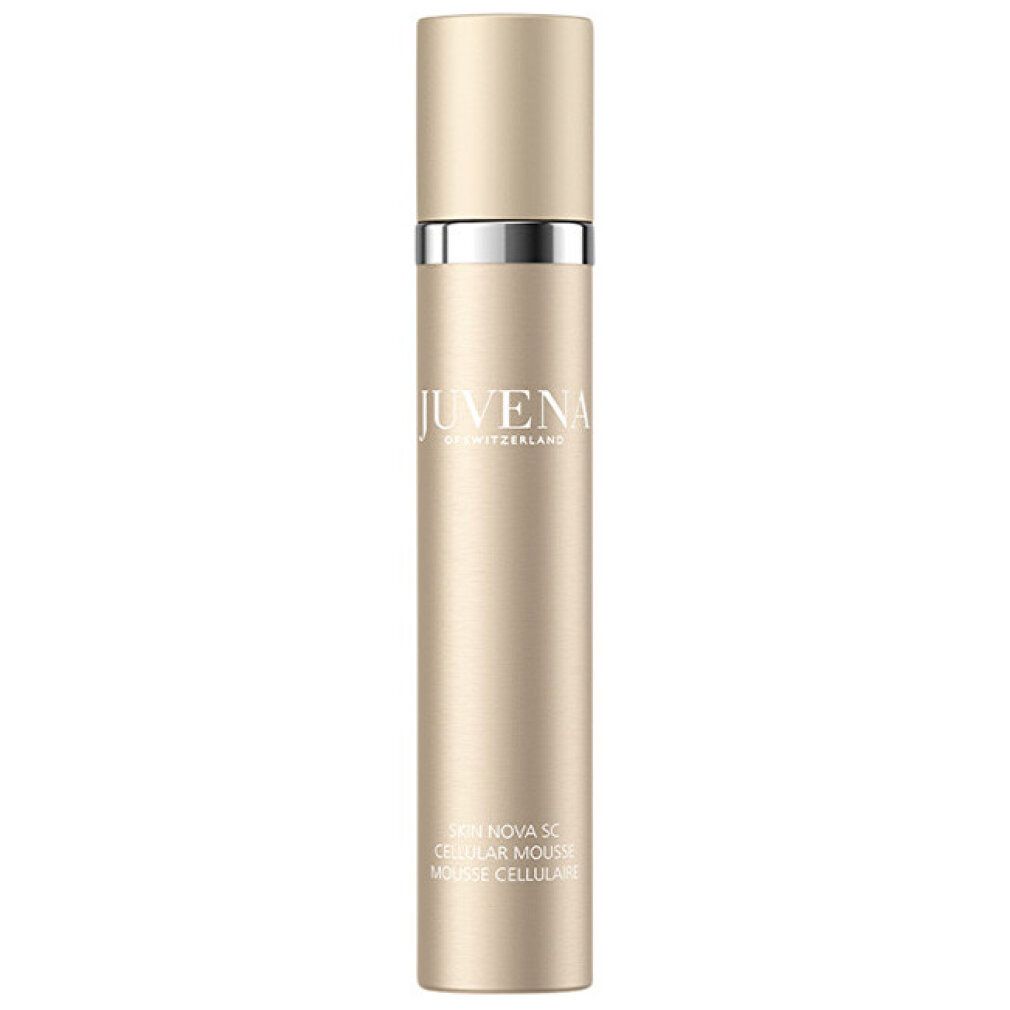 Flacone cilindrico con tappo. Scritta: Juvena. Testo: Skin Nova SC Cellular Mousse. Colore: Oro.