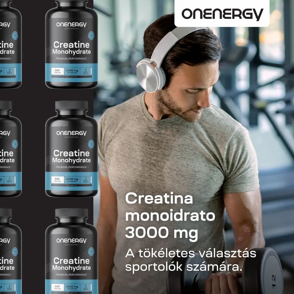 Uomo con cuffie e manubrio. Flaconi di Creatina Monoidrato. Testo: Creatina monoidrato 3000 mg.