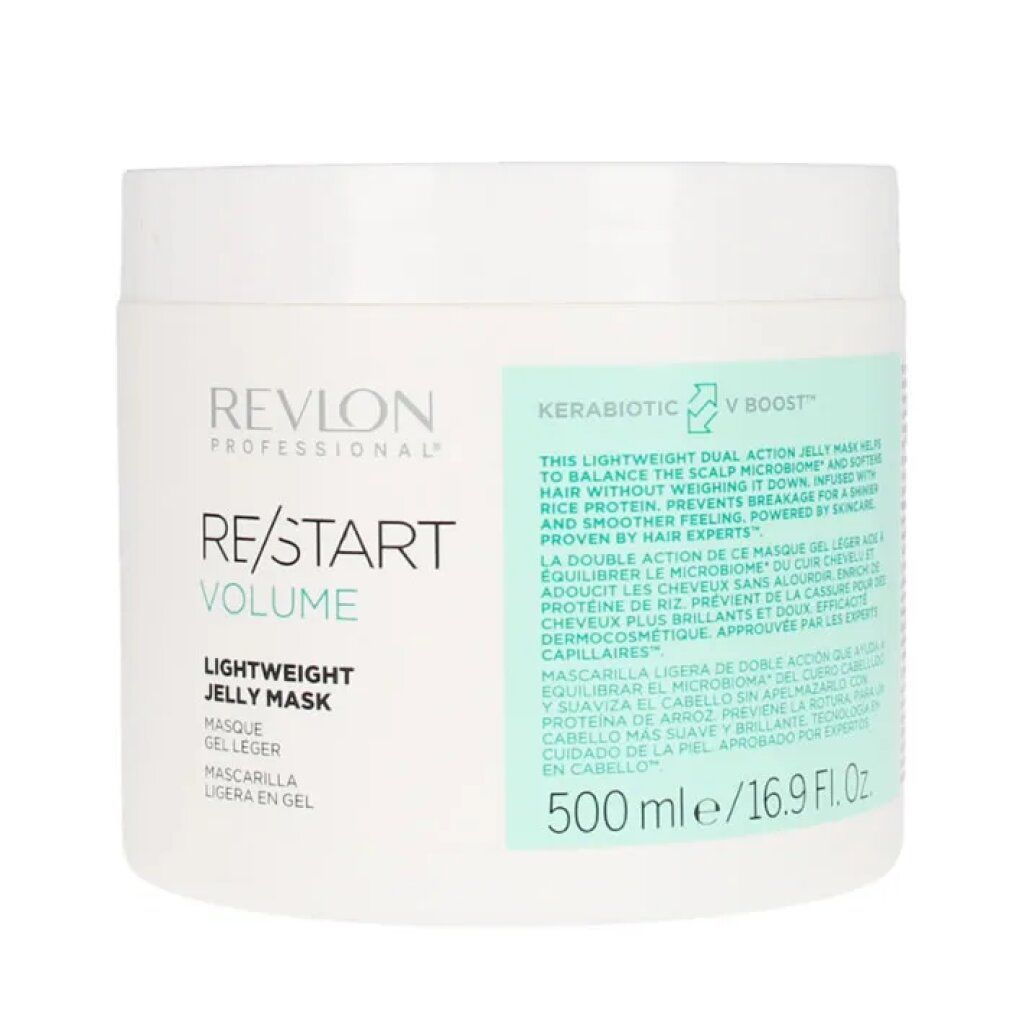Vaso bianco con etichetta prodotto. Scritta: Revlon Professional, Re/Start Volume, Lightweight Jelly Mask. 500 ml.