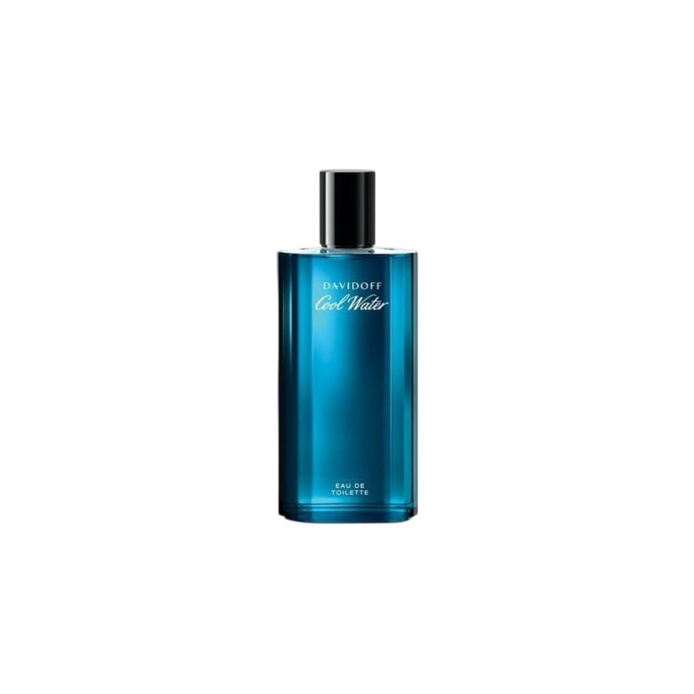 Flacone Davidoff Cool Water Eau de Toilette. Vetro blu, tappo nero. Scritta: Davidoff Cool Water, Eau de Toilette.