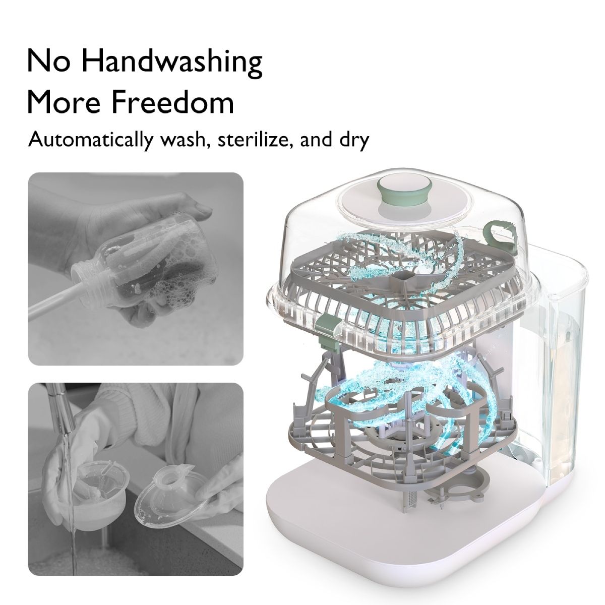 Sterilizzatore per biberon con coperchio aperto. Interno con ugelli spruzzatori e accessori. Illustrazioni di mani e bottiglie.