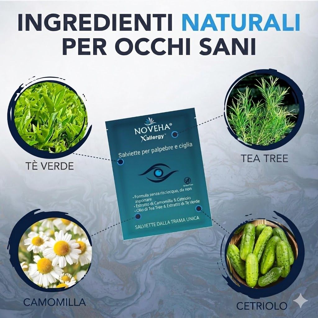 Confezione del prodotto NOVEHA Xallergy Salviette per palpebre e ciglia. Ingredienti: tè verde, tea tree, camomilla, cetriolo.