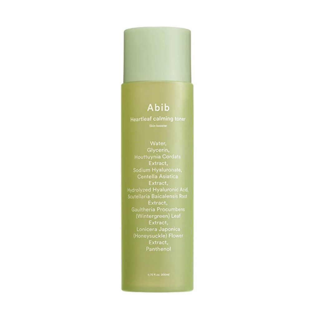 Abib Heartleaf tonico lenitivo, 200ml. Flacone verde con etichetta bianca e ingredienti.