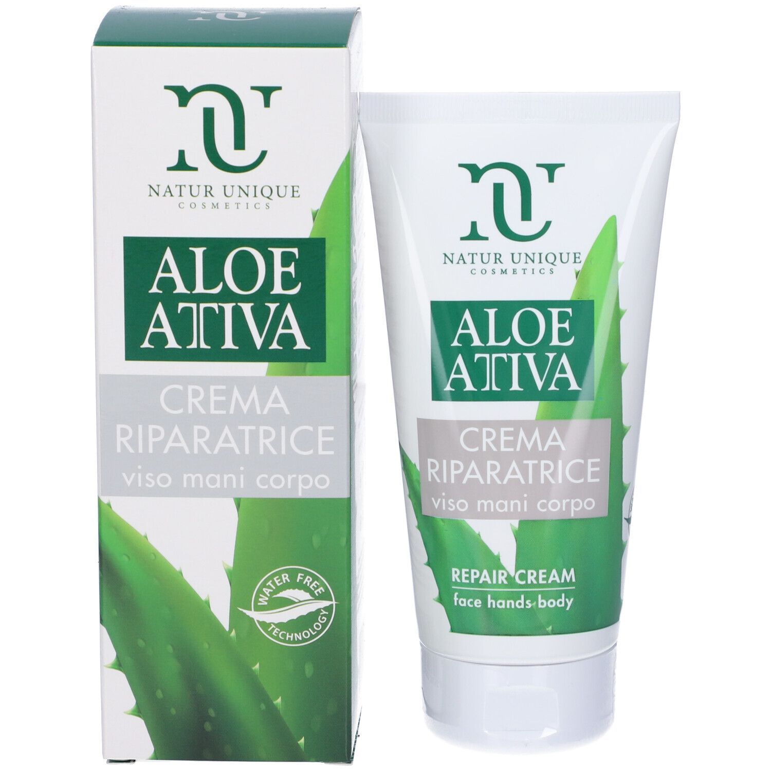 Tubo e scatola di crema. Scritta: Aloe Ativa Crema Riparatrice. Confezione verde e bianca. Logo Natur Unique Cosmetics.