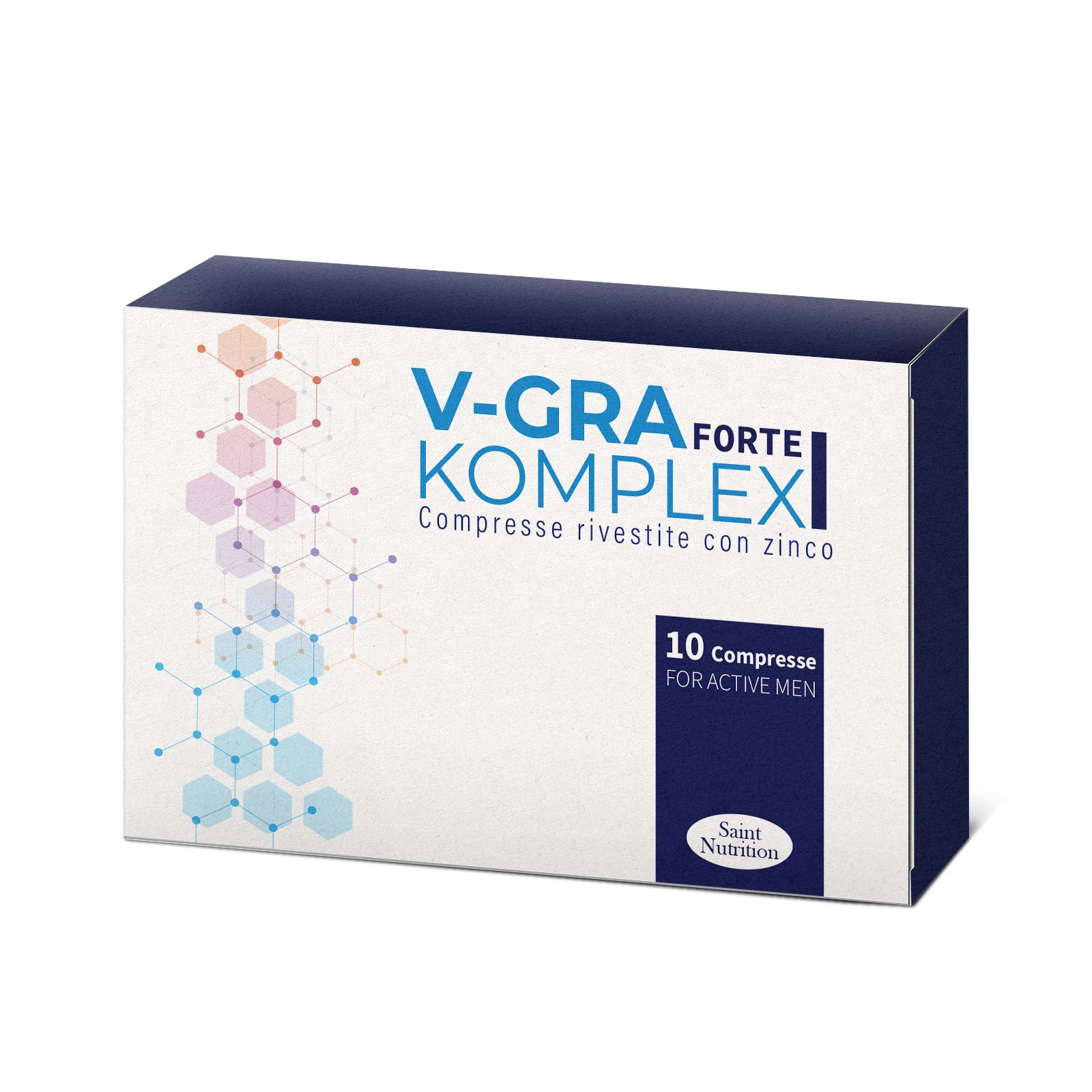 Scatola con V-GRA Forte Komplex. Testo: 10 compresse, per uomini attivi. Marchio: Saint Nutrition.