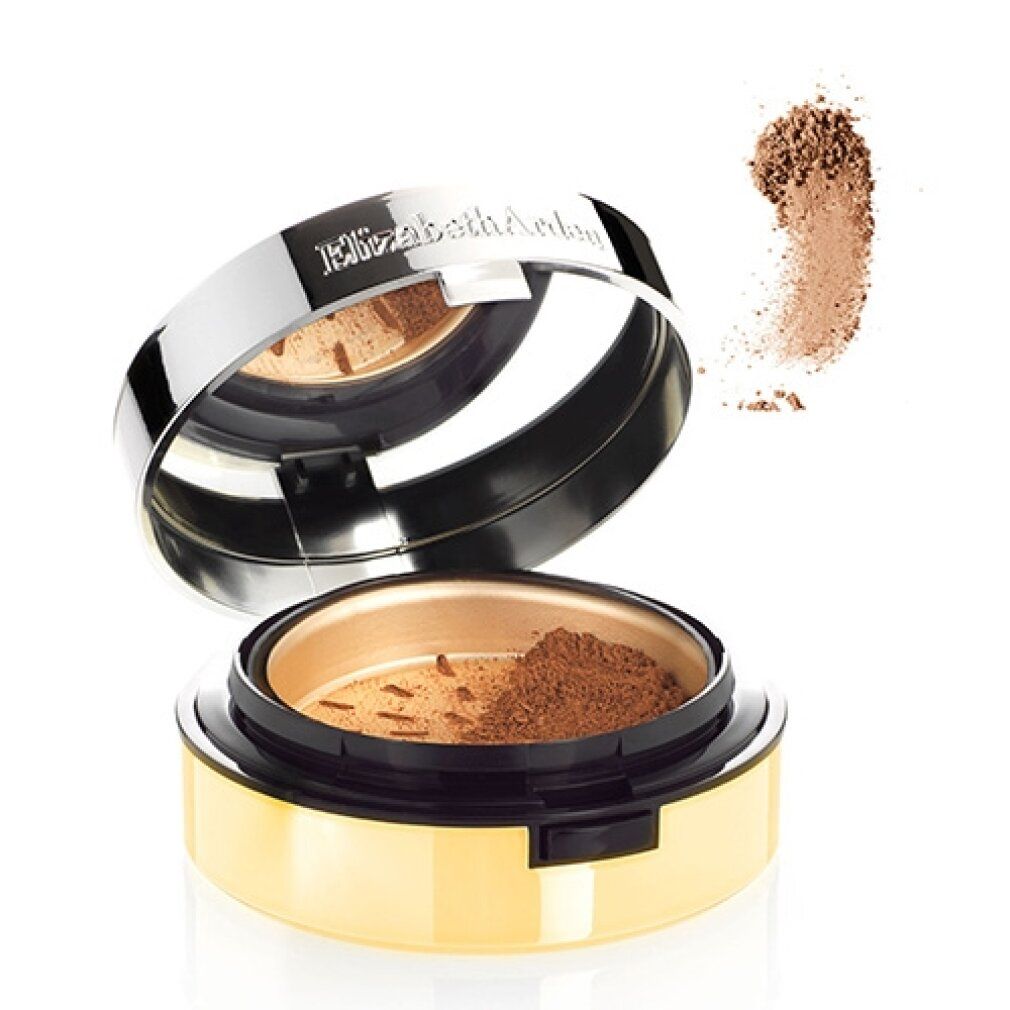 Cipria compatta aperta. Contenitore dorato, coperchio argentato con scritta Elizabeth Arden. Polvere marrone visibile.