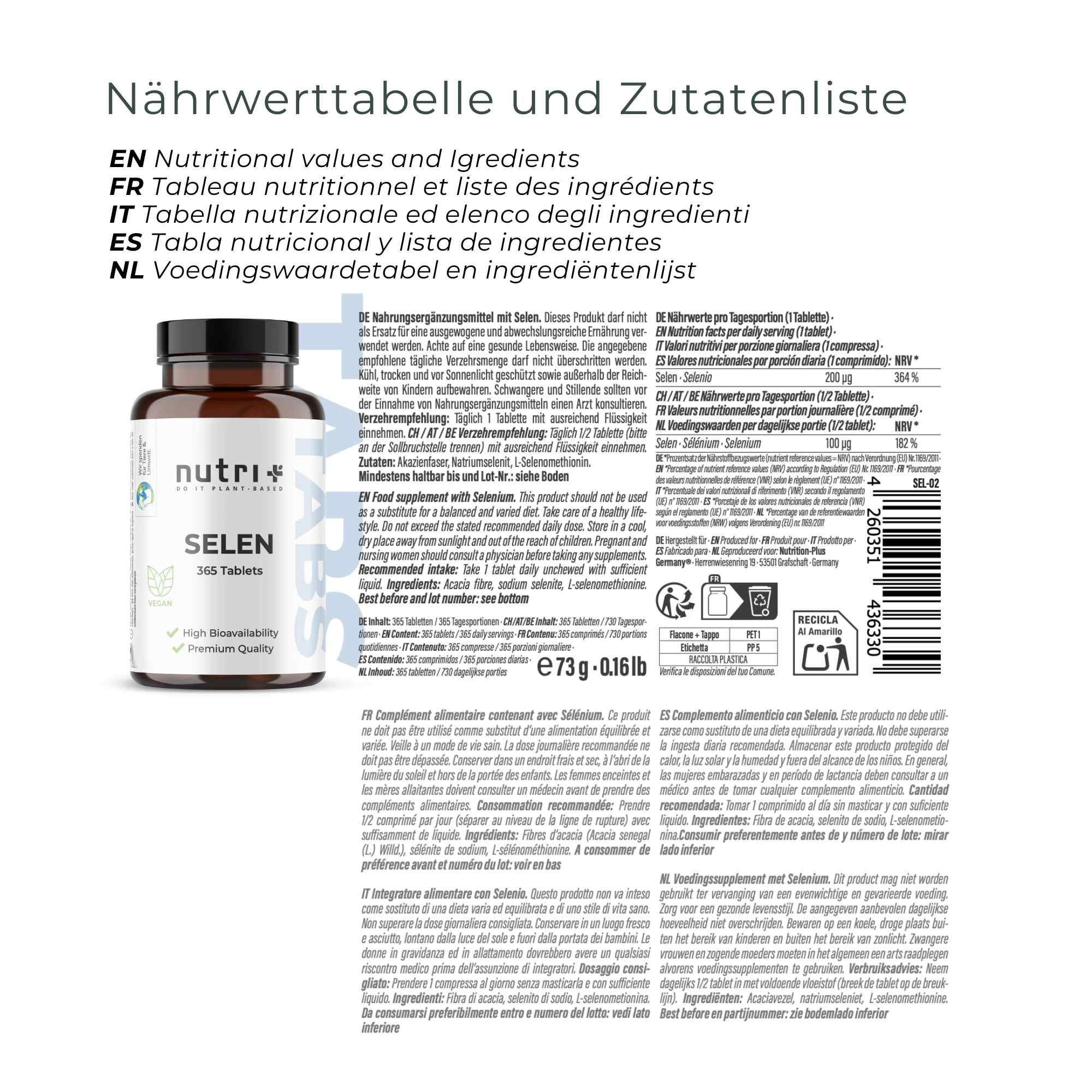 Flacone nutri+ Selenio 365 compresse, valori nutrizionali e lista ingredienti multilingue.