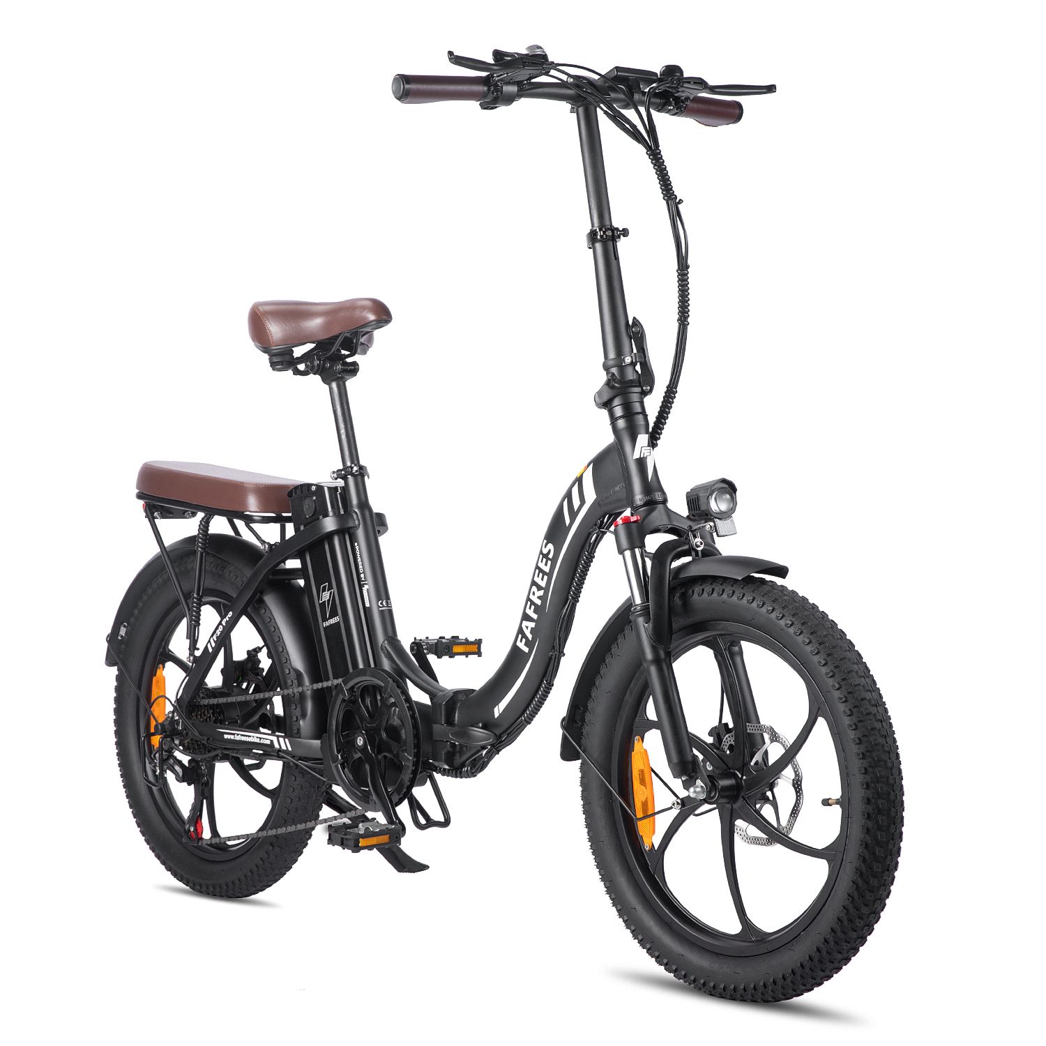 E-bike Fafrees F20 Pro nera con sella marrone. Dettagli visibili: marchio, fari, parafanghi.