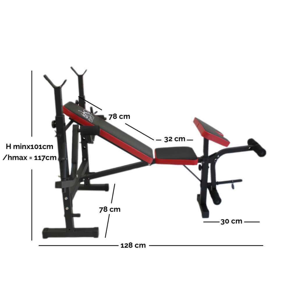Panca multifunzione con dimensioni. Altezza: 101-117cm, larghezza: 128cm, bracciolo: 32cm, leg curl: 30cm, seduta: 78cm.