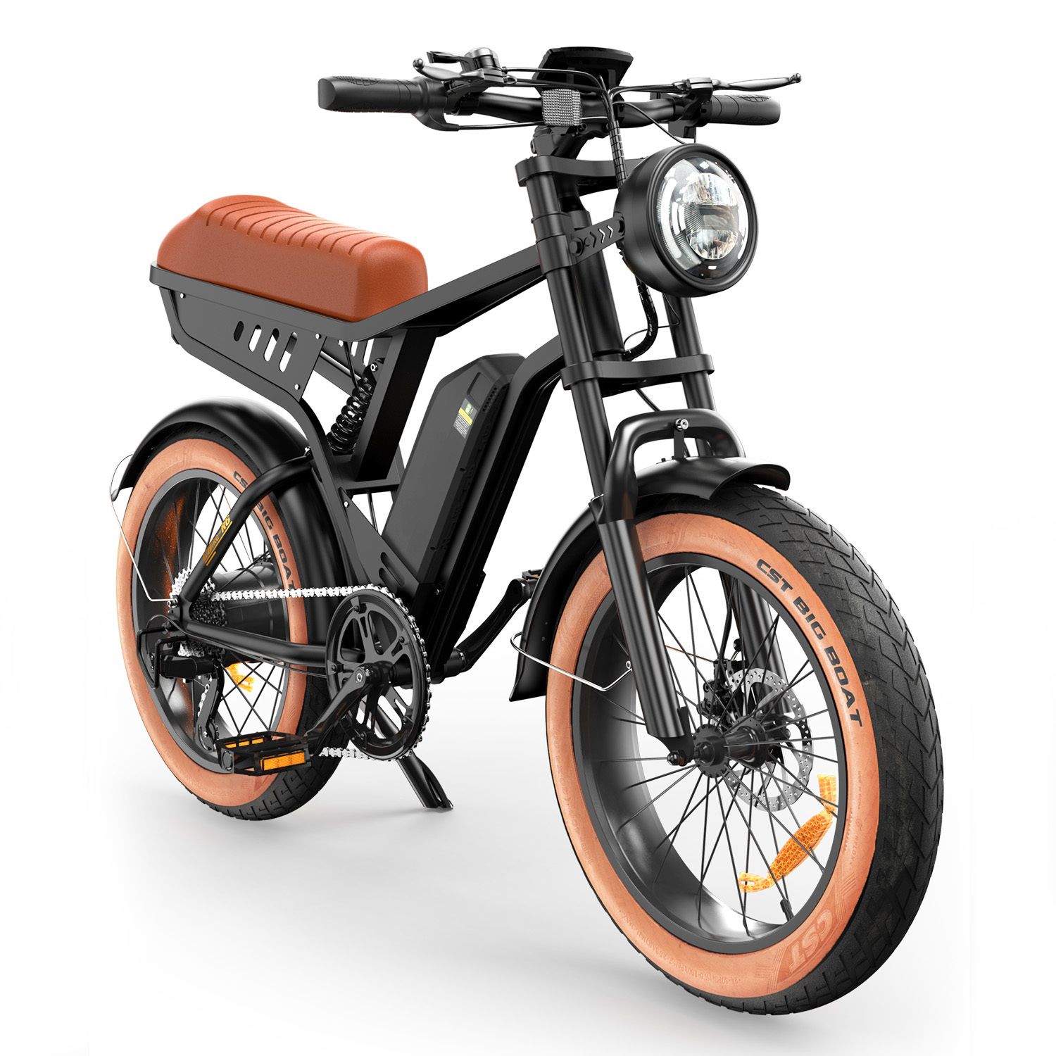 E-bike nera con sella e pneumatici marroni. Pneumatici larghi, faro e batteria.