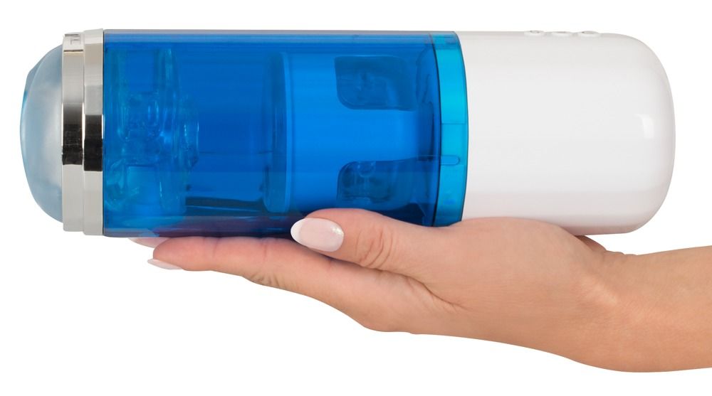 Masturbatore con corpo blu traslucido e manico bianco. Primo piano dell'apertura.