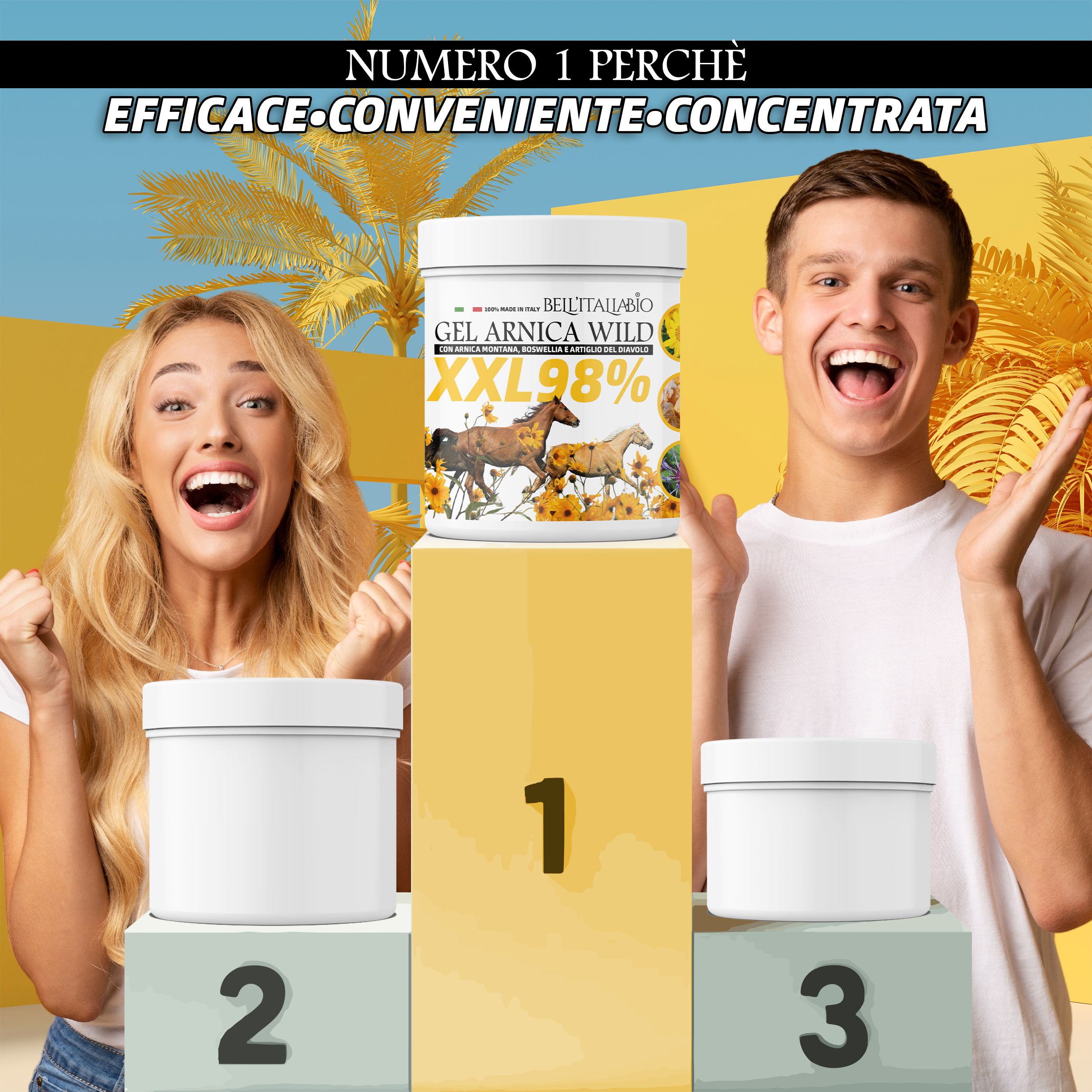 Due persone esultano. Barattolo con GEL ARNICA WILD XXL 98%. Tre barattoli su podio con numeri 1, 2 e 3.