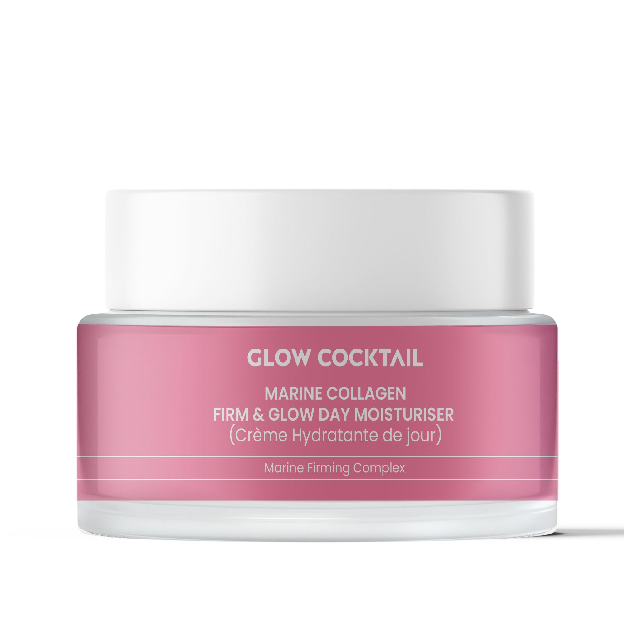 Vaso di crema rosa con coperchio bianco. Scritta: Marine Collagen Firm & Glow Day Moisturiser. Marchio: Glow Cocktail.