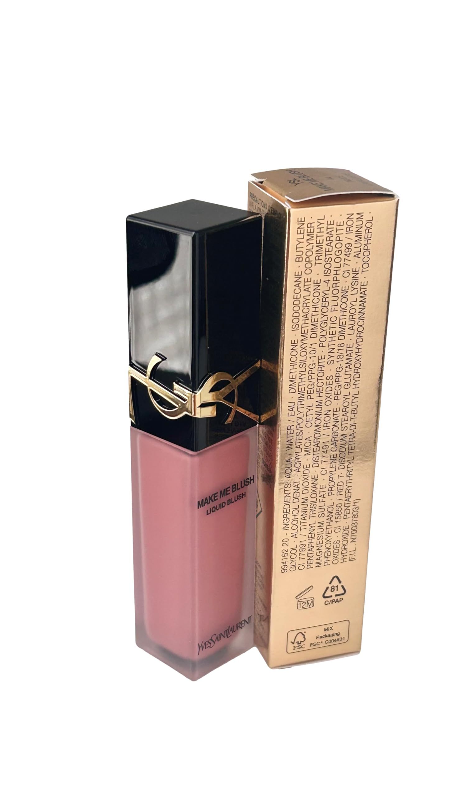 Fard liquido con tappo nero e scritta dorata. Confezione dorata con logo del marchio e ingredienti.