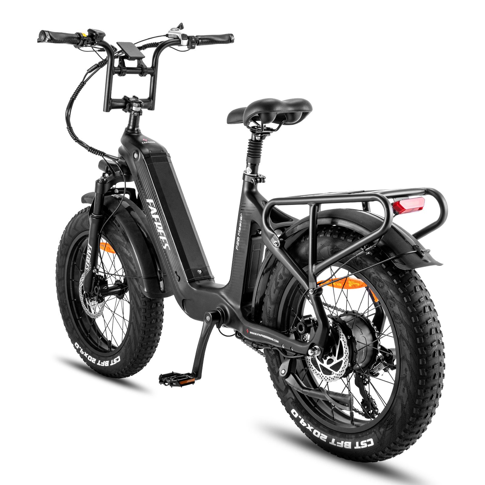 E-bike nera con pneumatici larghi, portapacchi e logo FAFREES. Vista posteriore.