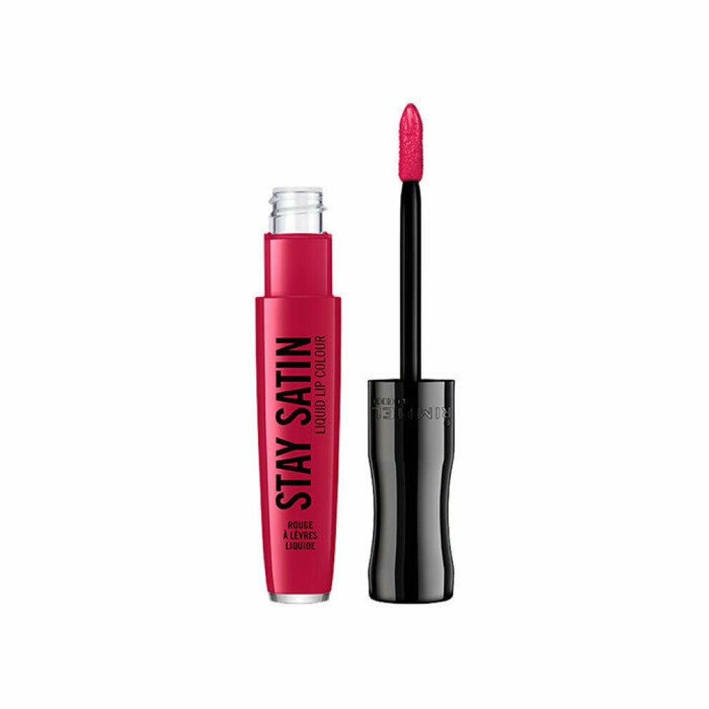 Rossetto liquido rosso con applicatore. Scritta "STAY SATIN LIQUID LIP COLOUR".