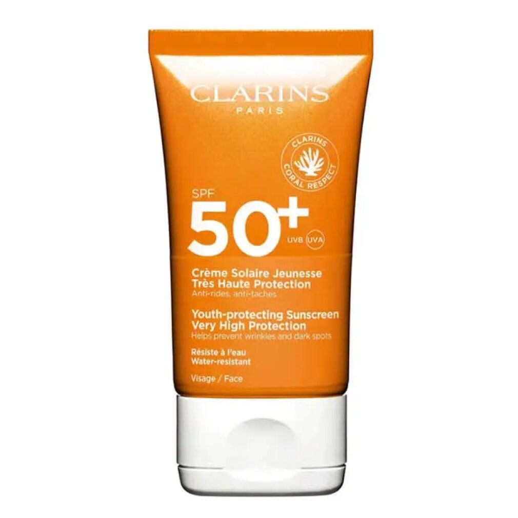 Tubo arancione e bianco. Testo: Clarins Paris, SPF 50+, Crème Solaire Jeunesse, Très Haute Protection, Anti-rughe, anti-macchie.