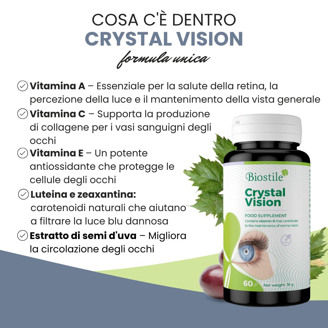 Flacone Biostile Crystal Vision, testo. Testo: Cosa c'è dentro Crystal Vision? Vitamine A, C, E, Luteina.